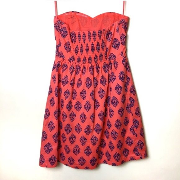 Old Navy Bright Orange and Navy Blue Printed Strapless Dress Size 12 - Picture 3 of 9